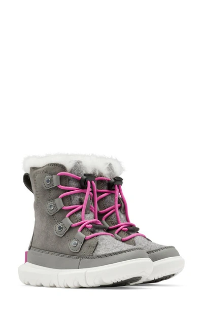 Shop Sorel Kids' Explorer Waterproof Boot With Faux Fur Trim In Quarry/ Bright Lavender