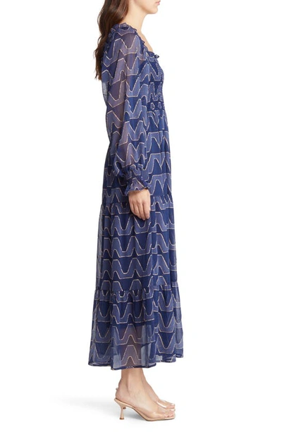 Shop Moon River Smocked Long Sleeve Tiered Maxi Dress In Navy