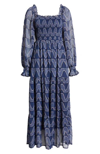 Shop Moon River Smocked Long Sleeve Tiered Maxi Dress In Navy