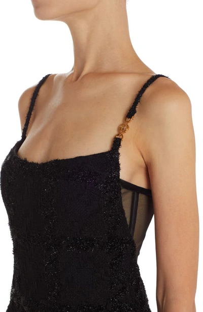 Shop Versace Metallic Macrocheck Mesh Inset Minidress In Black