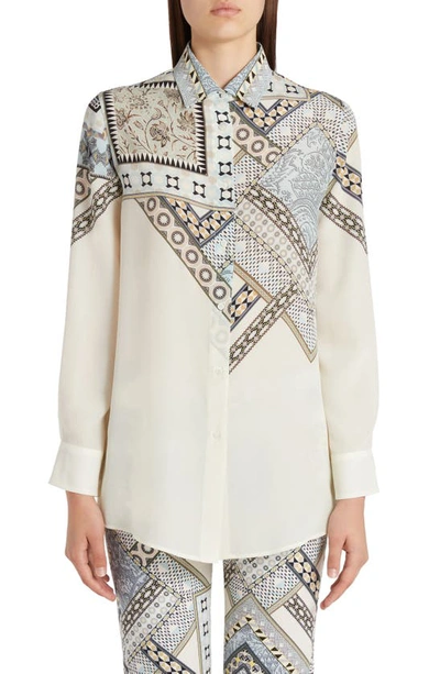 Shop Etro Rose Mixed Print Silk Button-up Blouse In Blue