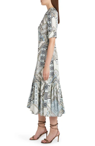 Shop Etro Patchwork Print Cotton A-line Midi Dress In Ivory/ Blue