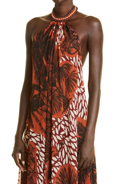 Shop Johanna Ortiz Victoria Falls Tropical Print Halter Neck Chiffon Maxi Dress In Black/ Red Plum/ Turquoise