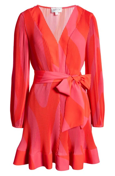 Shop Milly Liv Zebra Print Plissé Long Sleeve Dress In  Pink Multi
