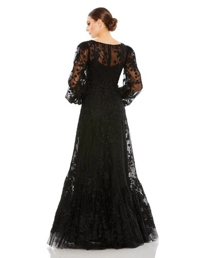 Shop Mac Duggal V Neck Puff Sleeve A Line Embroidered Gown In Black