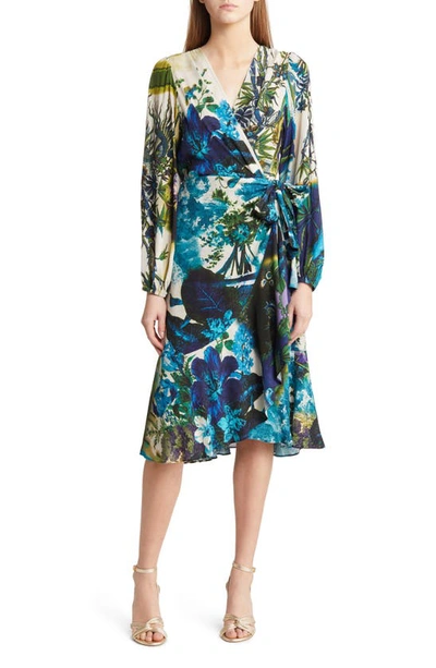 Shop Kobi Halperin Zuri Floral Long Sleeve Wrap Dress In Blue/ White Multi