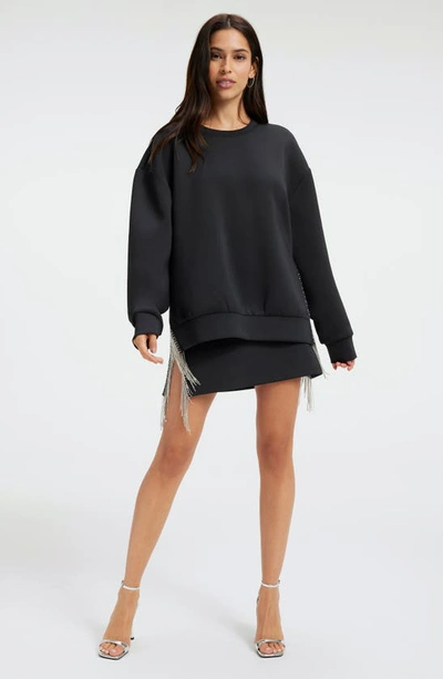 Shop Good American Crystal Fringe Side Slit Scuba Miniskirt In Black001