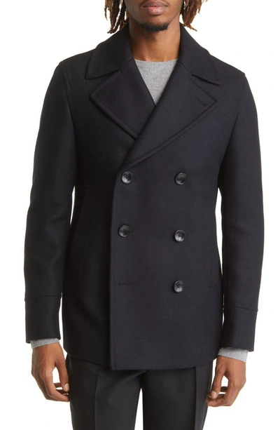 Hugo Boss Hyde Double Breasted Wool Blend Car Coat In Dark Blue | ModeSens