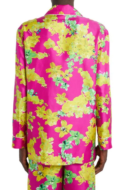 Shop Versace Orchid Print Silk Pajama Shirt In Fuxia/ Multicolor