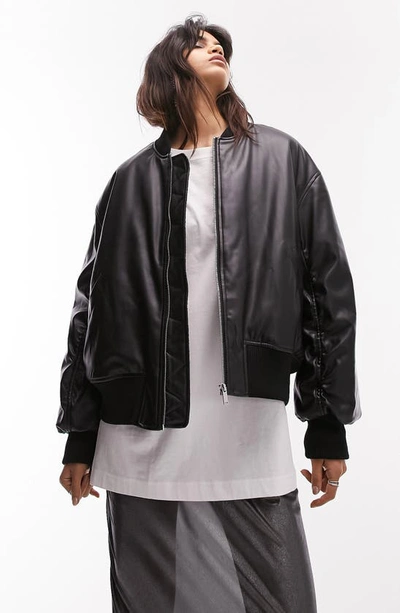 Shop Topshop Faux Leather Crop Bomber Jacket In Black
