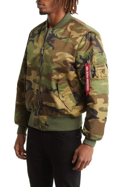 Shop Alpha Industries Ma-1 Reversible Bomber Jacket In Woodland Camo