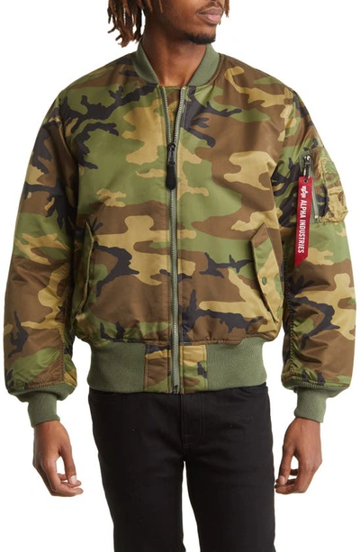 Shop Alpha Industries Ma-1 Reversible Bomber Jacket In Woodland Camo