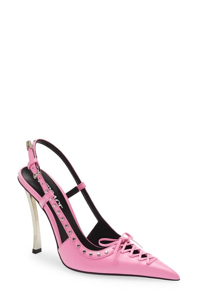 Shop Versace Lace-up Pointed Toe Slingback Pump In Pink Paradise