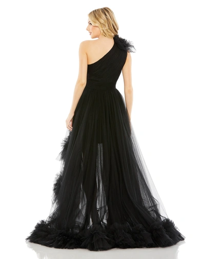 Shop Mac Duggal Ruffled One Shoulder High Low Tulle Gown In Black