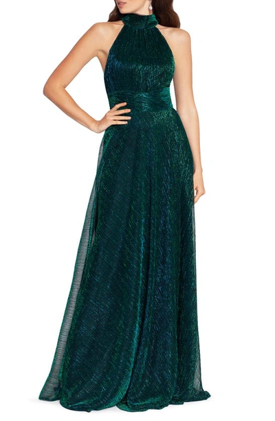 Betsy & Adam Metallic Sleeveless Halter Neck Open Back Gown In Jade