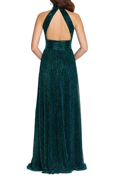 Betsy & Adam Metallic Sleeveless Halter Neck Open Back Gown In Jade