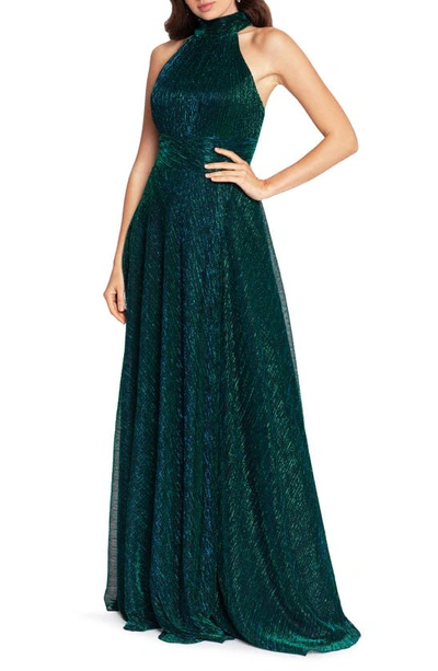 Betsy & Adam Metallic Sleeveless Halter Neck Open Back Gown In Jade