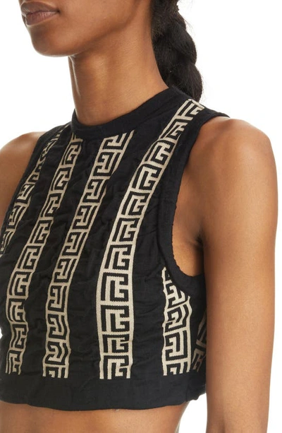 Shop Balmain Monogram Stripe Wool Blend Crop Top In Ivory/ Black