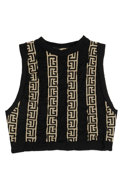 Shop Balmain Monogram Stripe Wool Blend Crop Top In Ivory/ Black