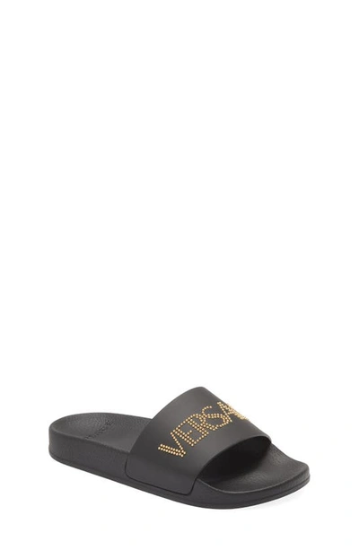 Shop Versace Logo Studded Slide Sandal In Black/ Gold