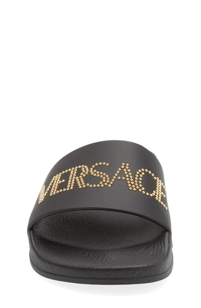 Shop Versace Logo Studded Slide Sandal In Black/ Gold