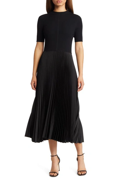 Hugo Boss Cropped-sleeve Dress With Pliss Skirt In Black
