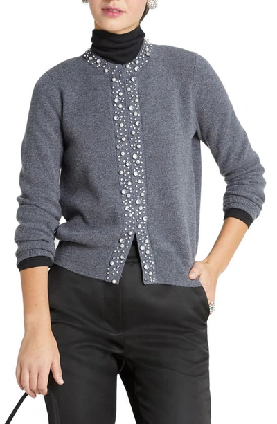 Shop Kate Spade Rhinestone & Imitation Pearl Embellished Cashmere Cardigan In Medium Grey Melange