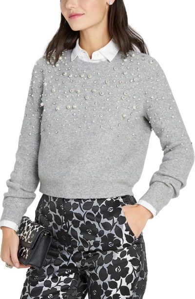 Shop Kate Spade Rhinestone & Imitation Pearl Embellished Crewneck Sweater In Grey Melange.