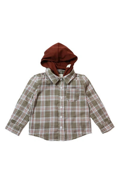 Shop Thoughtfully Hooded Kid's Print Button-up Shirt & Two Hoods Set In Brown Plaid