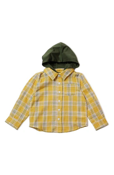 Shop Thoughtfully Hooded Kid's Print Button-up Shirt & Two Hoods Set In Yellow Plaid
