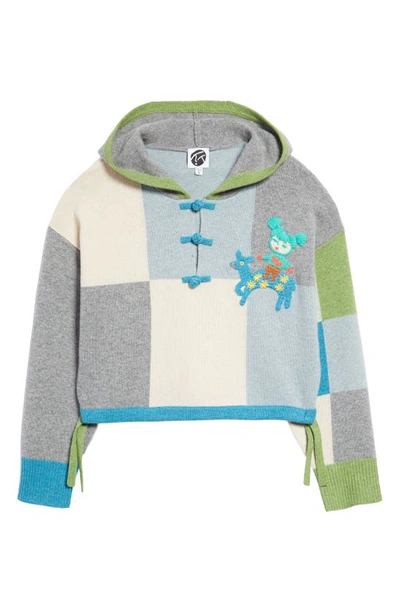Shop Yanyan Embroidered Colorblock Check Wool Hooded Sweater In Blue/ Green