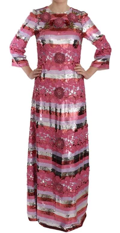 Shop Dolce & Gabbana Pink Floral Sequined Crystal Gown Dress