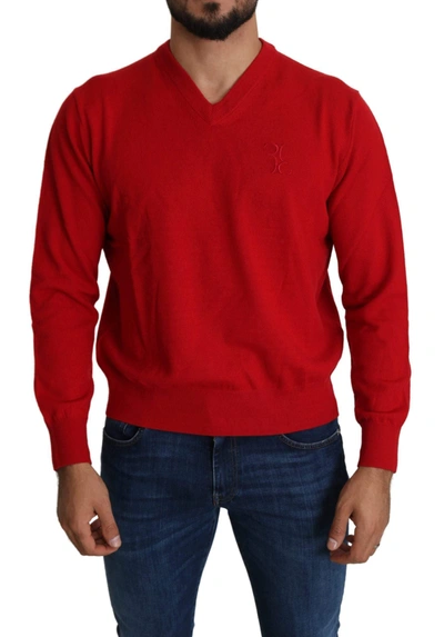 Billionaire Italian Couture Red V-neck Wool Sweatshirt Pullover Sweater In Red