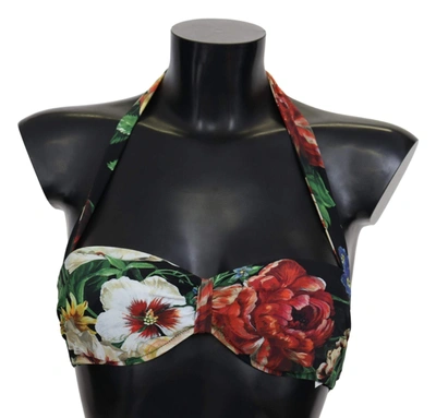 Shop Dolce & Gabbana Black Floral Print Nylon Swimwear Bikini Tops