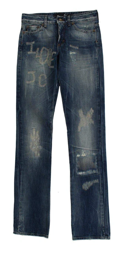 Shop Cavalli Women   Wash Torn Cotton Straight Fit Jeans In Blue