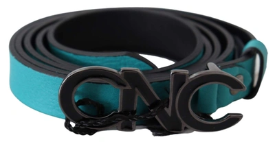 Costume National Blue Green Leather Logo Silver Buckle Belt In Blue