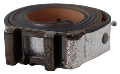 Costume National Brown Metallic Silver Leather Belt In Silver