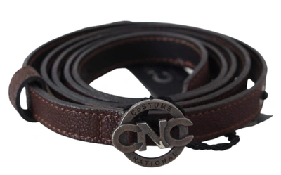 Shop Costume National Brown Skinny Leather Round Logo Buckle Belt