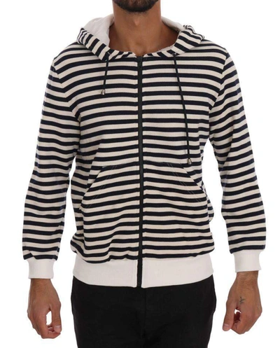 Shop Daniele Alessandrini Striped Hooded Cotton Sweater In Blue