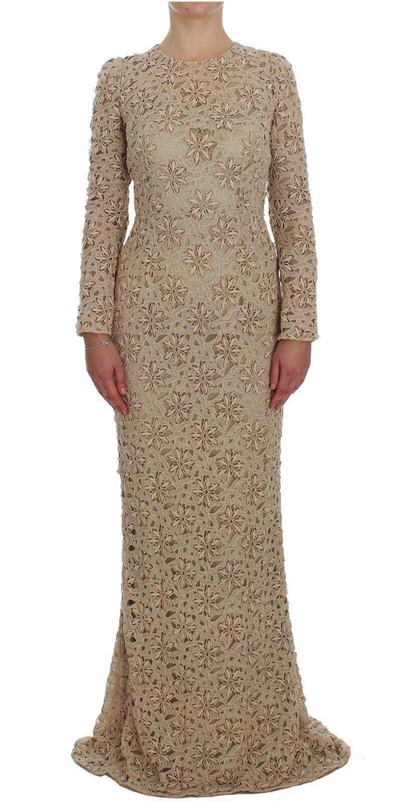 Dolce & Gabbana Beige Floral Lace Sheath Maxi Dress In Beige