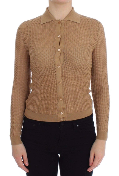 Shop Dolce & Gabbana Beige Knitted Cotton Polo Cardigan Sweater