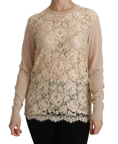 Shop Dolce & Gabbana Beige Lace Long Sleeve Top Cashmere Blouse
