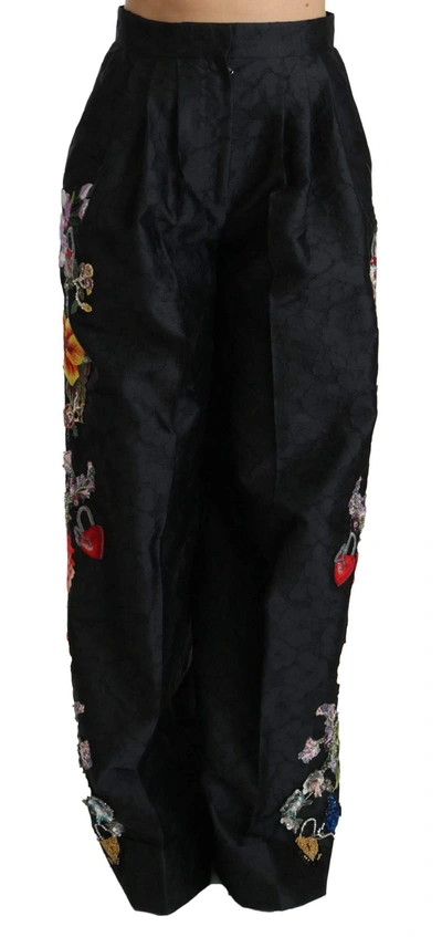 Shop Dolce & Gabbana Black Brocade Floral Sequined Beaded Pants