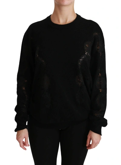 Shop Dolce & Gabbana Black Cashmere Floral Lace Cutout Sweater