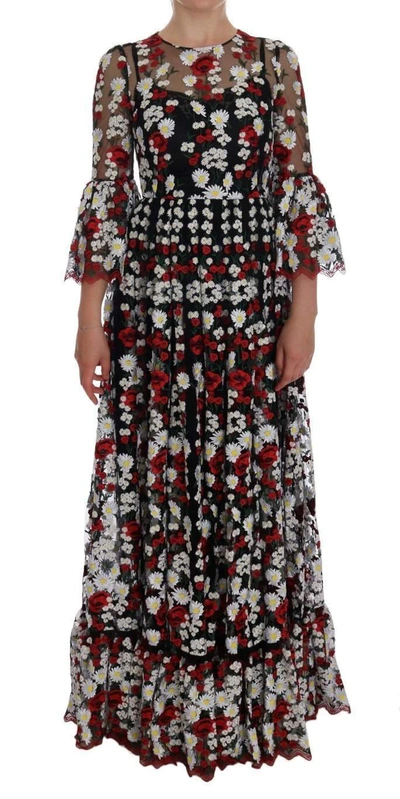 Shop Dolce & Gabbana Black Chamomile Roses Embroidered Dress In Multicolor