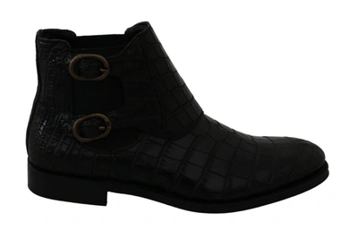 Shop Dolce & Gabbana Black Crocodile Leather Derby Boots Shoes
