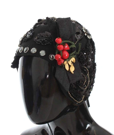 Shop Dolce & Gabbana Black Crystal Gold Cherries Brooch Hat