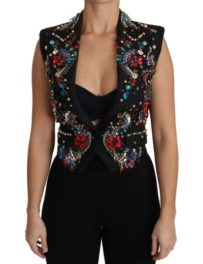 Shop Dolce & Gabbana Black Crystal Sicily Vest Waistcoat