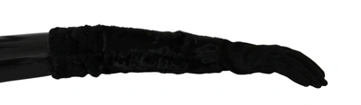 Shop Dolce & Gabbana Black Elbow Length Mitten Suede Fur Gloves