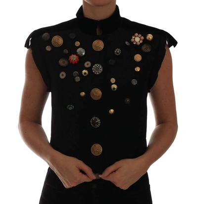 Shop Dolce & Gabbana Black Embellished Floral Military Jacket Vest